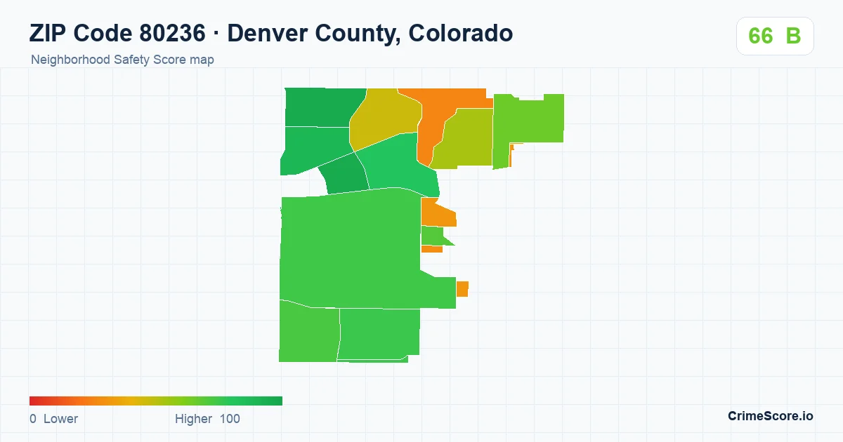 ZIP Code 80236 in Denver County, Colorado neighborhood Safety Score map