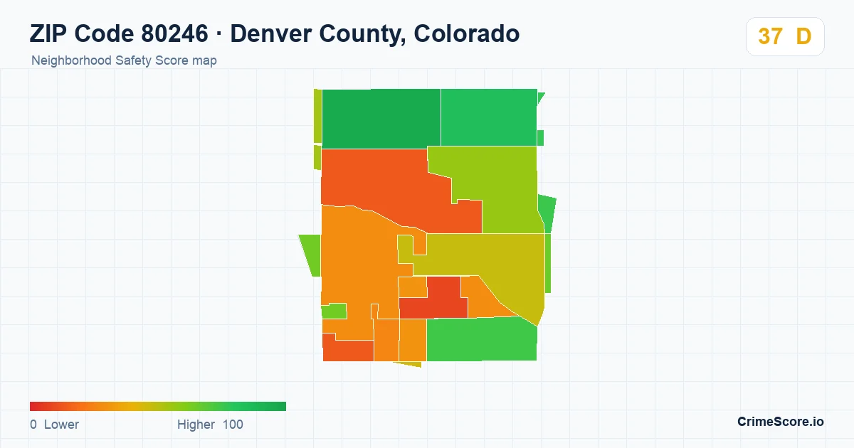 ZIP Code 80246 in Denver County, Colorado neighborhood Safety Score map