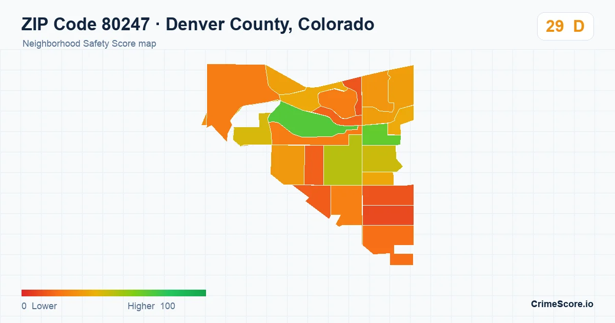 ZIP Code 80247 in Denver County, Colorado neighborhood Safety Score map