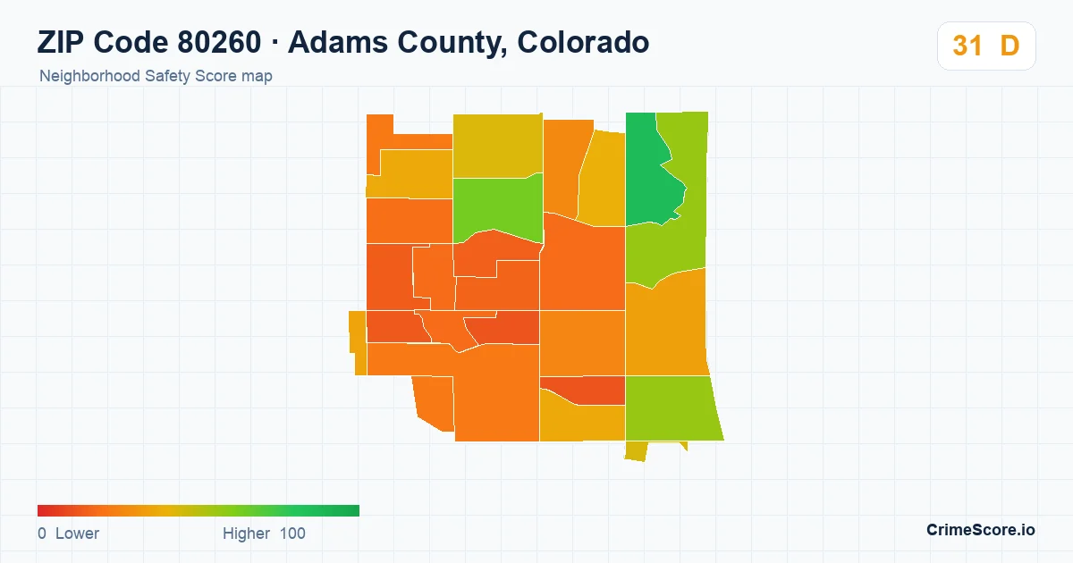 ZIP Code 80260 in Adams County, Colorado neighborhood Safety Score map