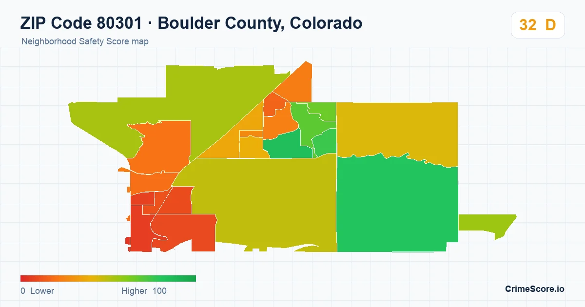 ZIP Code 80301 in Boulder County, Colorado neighborhood Safety Score map