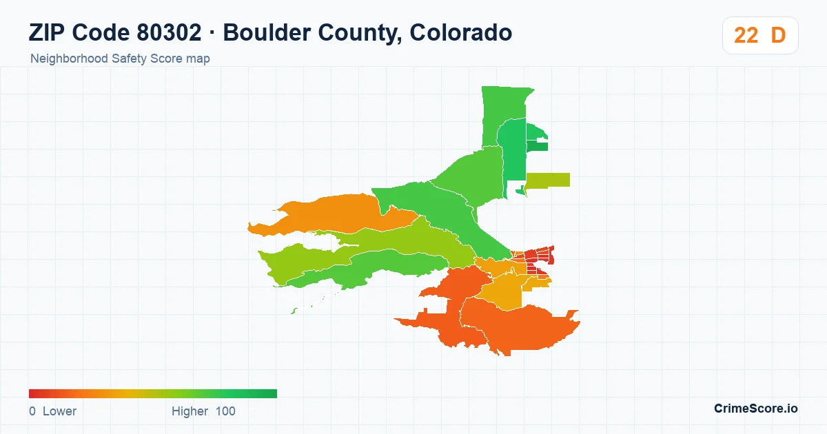 ZIP Code 80302 in Boulder County, Colorado neighborhood Safety Score map
