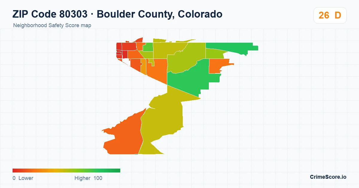 ZIP Code 80303 in Boulder County, Colorado neighborhood Safety Score map
