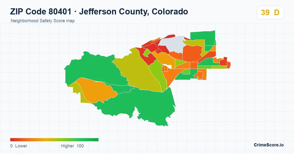 ZIP Code 80401 in Jefferson County, Colorado neighborhood Safety Score map