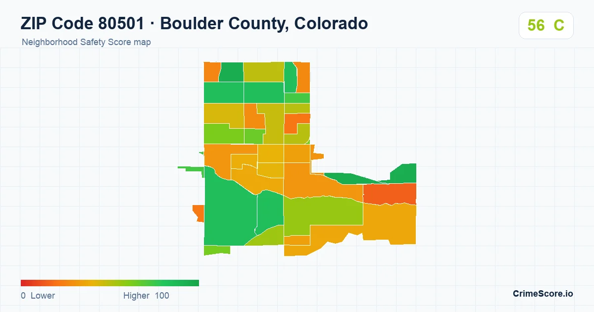 ZIP Code 80501 in Boulder County, Colorado neighborhood Safety Score map