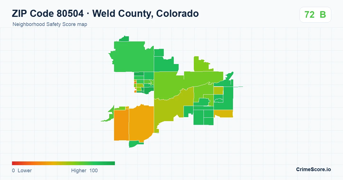 ZIP Code 80504 in Weld County, Colorado neighborhood Safety Score map