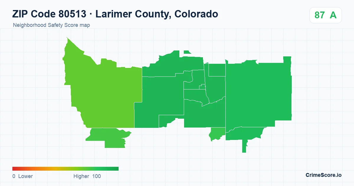ZIP Code 80513 in Larimer County, Colorado neighborhood Safety Score map