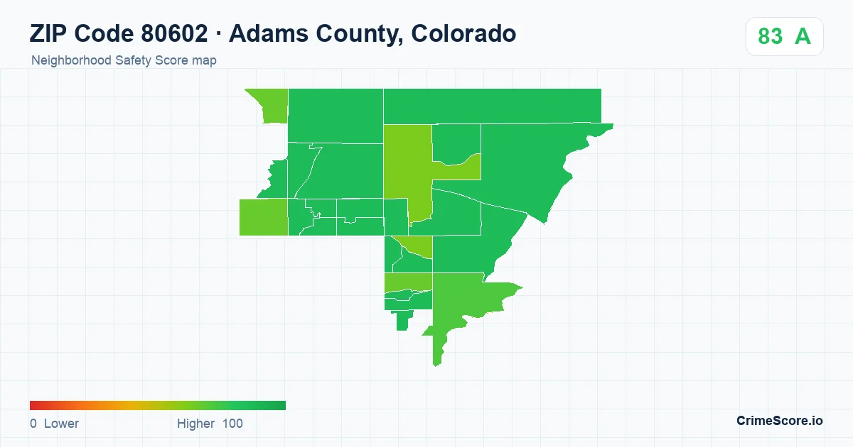 ZIP Code 80602 in Adams County, Colorado neighborhood Safety Score map