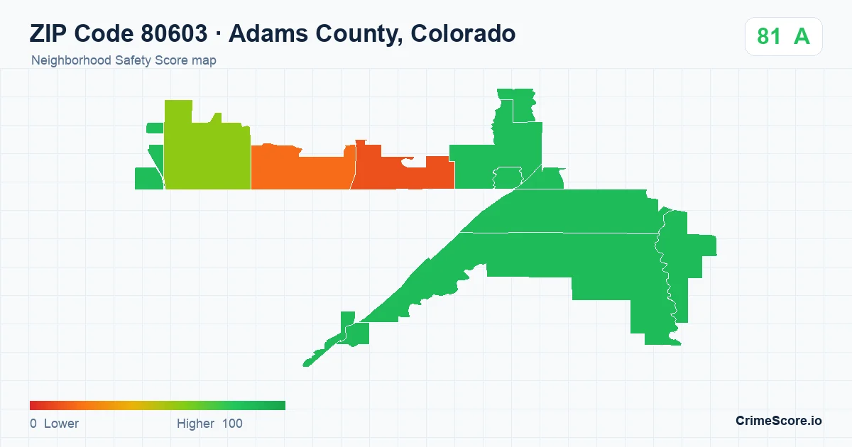 ZIP Code 80603 in Adams County, Colorado neighborhood Safety Score map