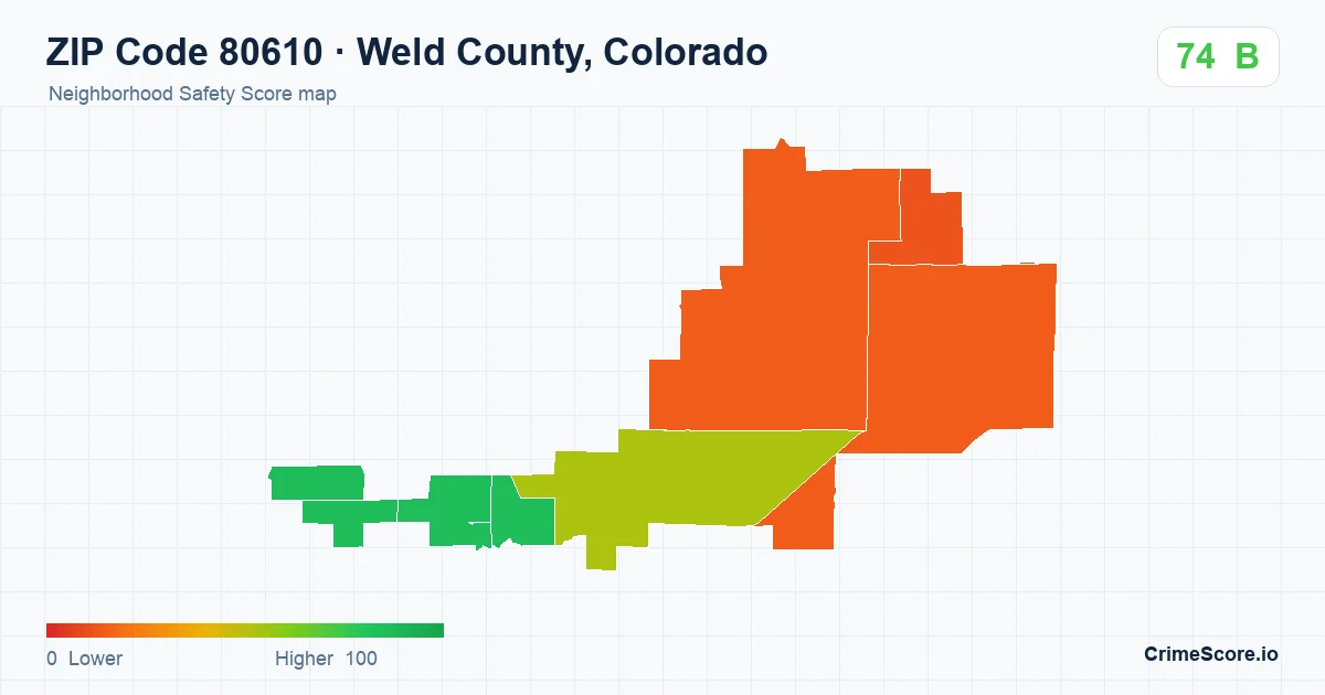 ZIP Code 80610 in Weld County, Colorado neighborhood Safety Score map