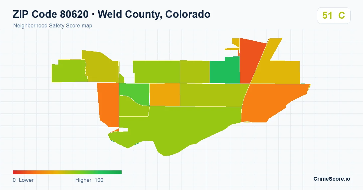 ZIP Code 80620 in Weld County, Colorado neighborhood Safety Score map