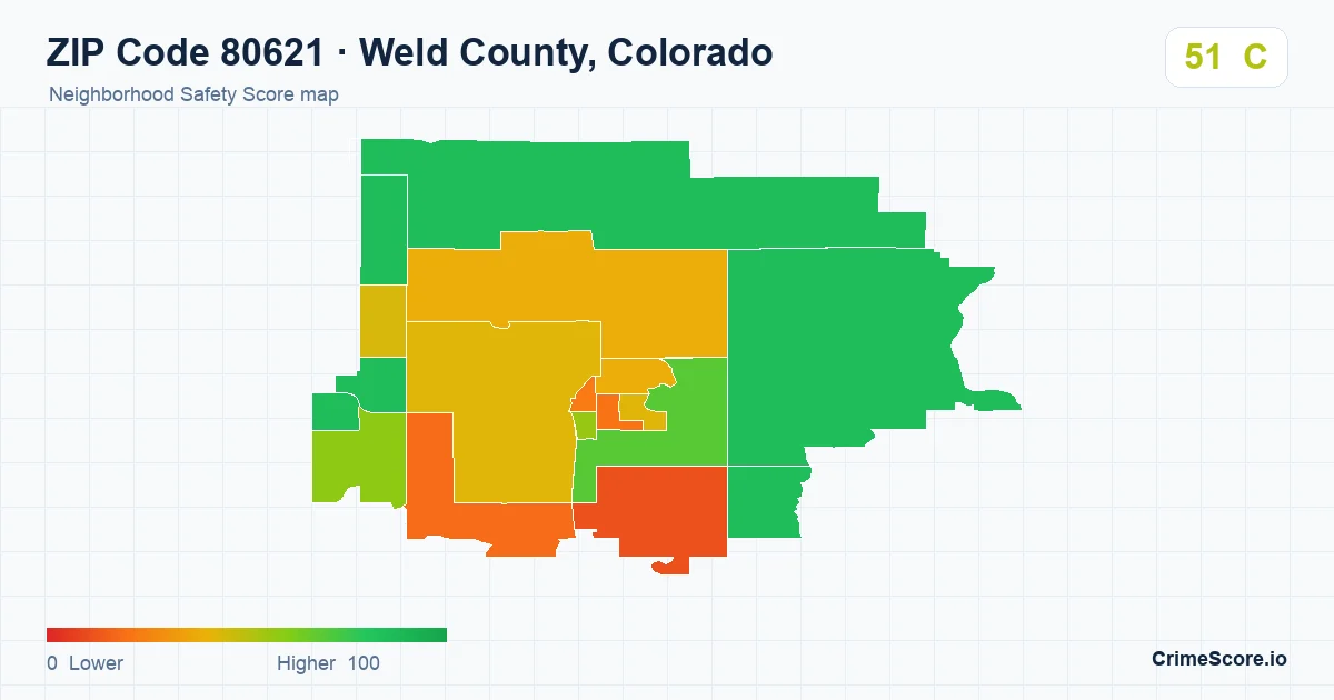 ZIP Code 80621 in Weld County, Colorado neighborhood Safety Score map