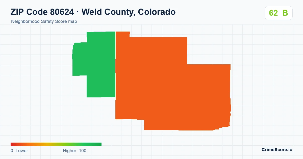 ZIP Code 80624 in Weld County, Colorado neighborhood Safety Score map