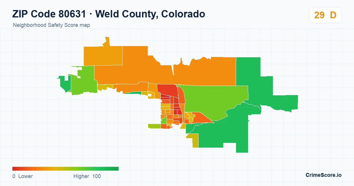 ZIP Code 80631 in Weld County, Colorado neighborhood Safety Score map
