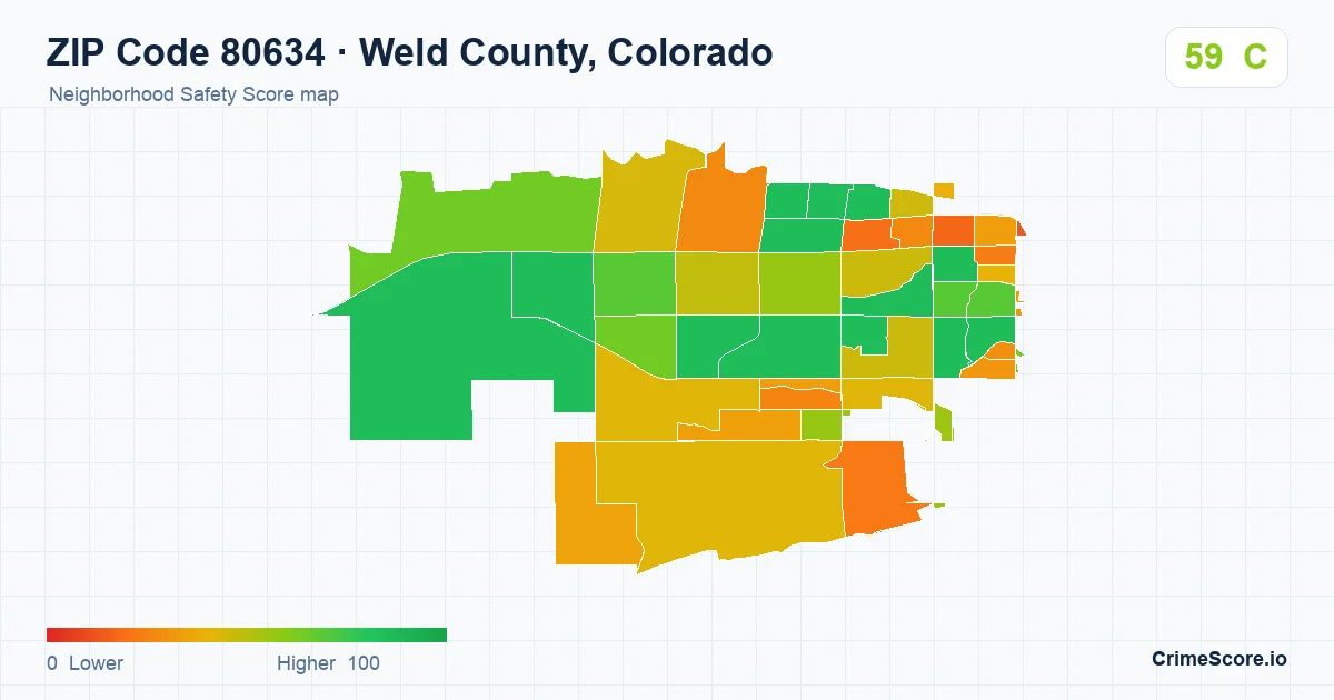 ZIP Code 80634 in Weld County, Colorado neighborhood Safety Score map
