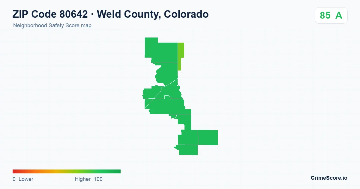 ZIP Code 80642 in Weld County, Colorado neighborhood Safety Score map
