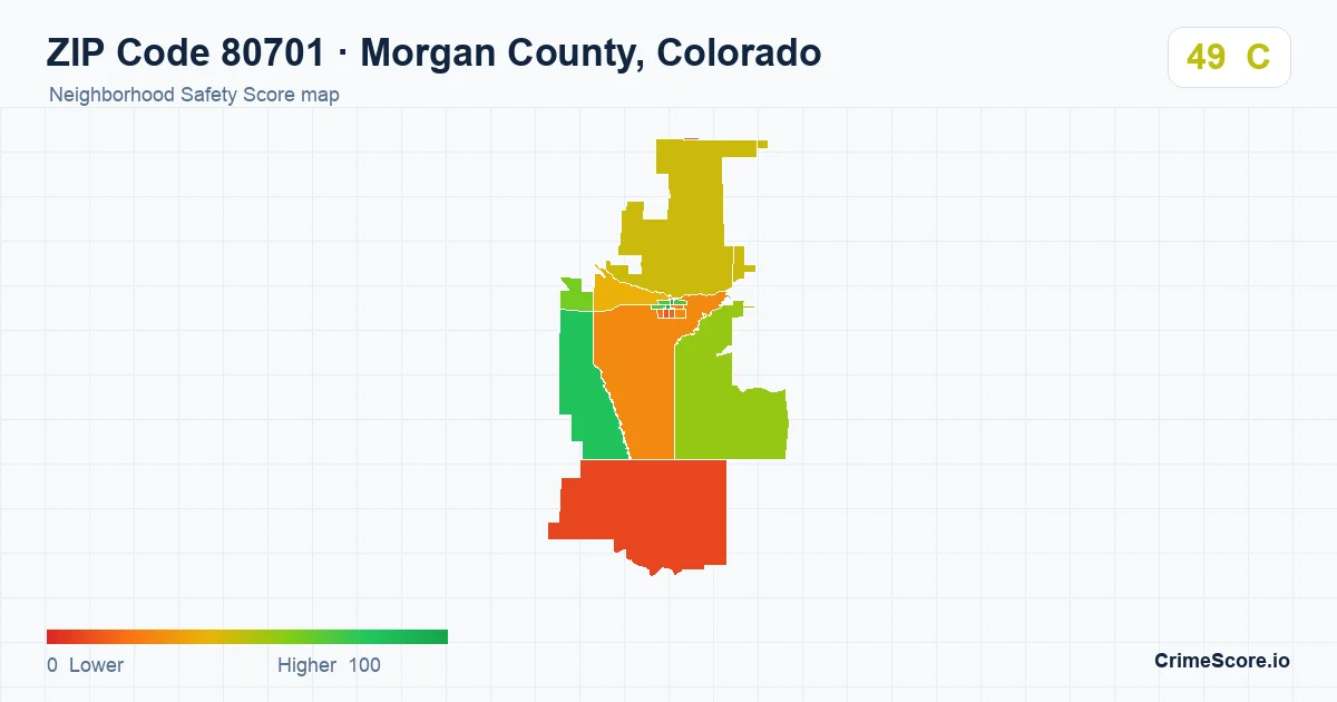 ZIP Code 80701 in Morgan County, Colorado neighborhood Safety Score map
