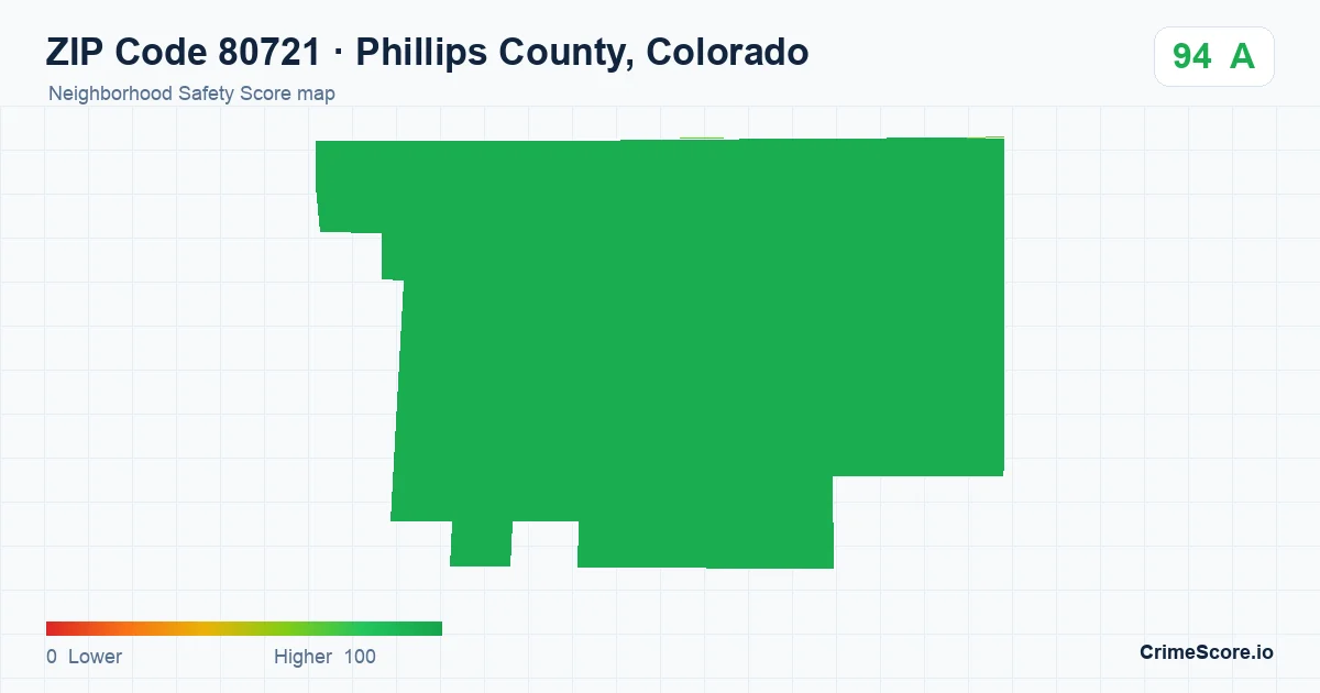 ZIP Code 80721 in Phillips County, Colorado neighborhood Safety Score map