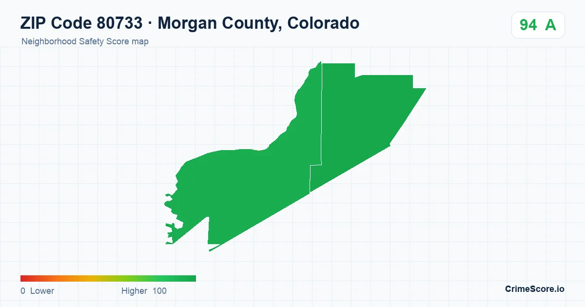ZIP Code 80733 in Morgan County, Colorado neighborhood Safety Score map