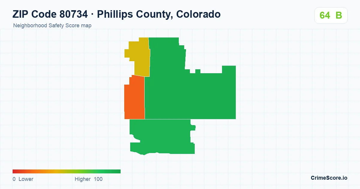 ZIP Code 80734 in Phillips County, Colorado neighborhood Safety Score map