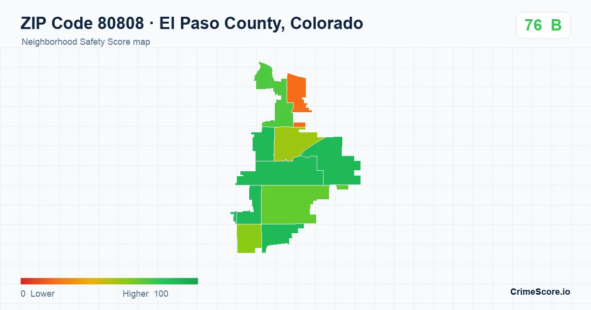 ZIP Code 80808 in El Paso County, Colorado neighborhood Safety Score map
