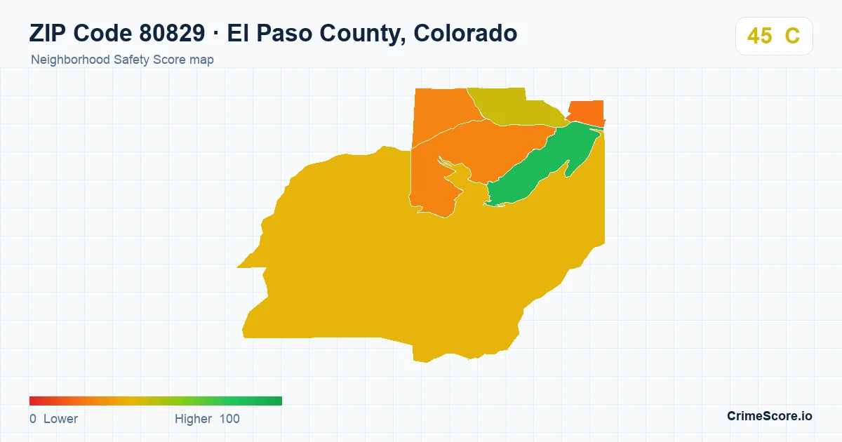 ZIP Code 80829 in El Paso County, Colorado neighborhood Safety Score map