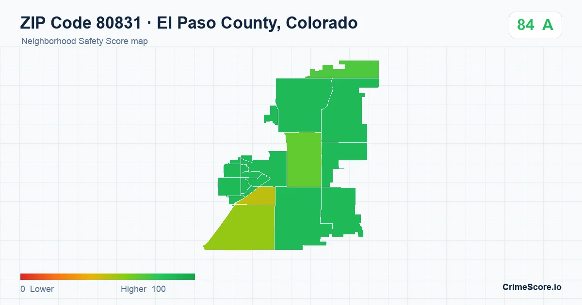 ZIP Code 80831 in El Paso County, Colorado neighborhood Safety Score map