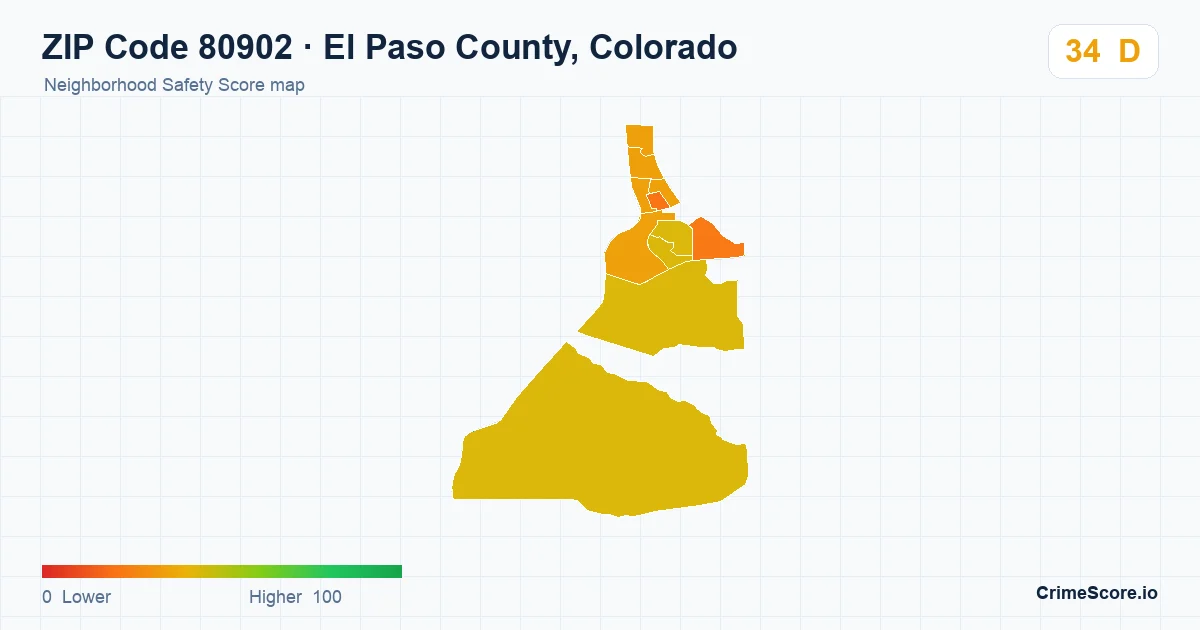 ZIP Code 80902 in El Paso County, Colorado neighborhood Safety Score map