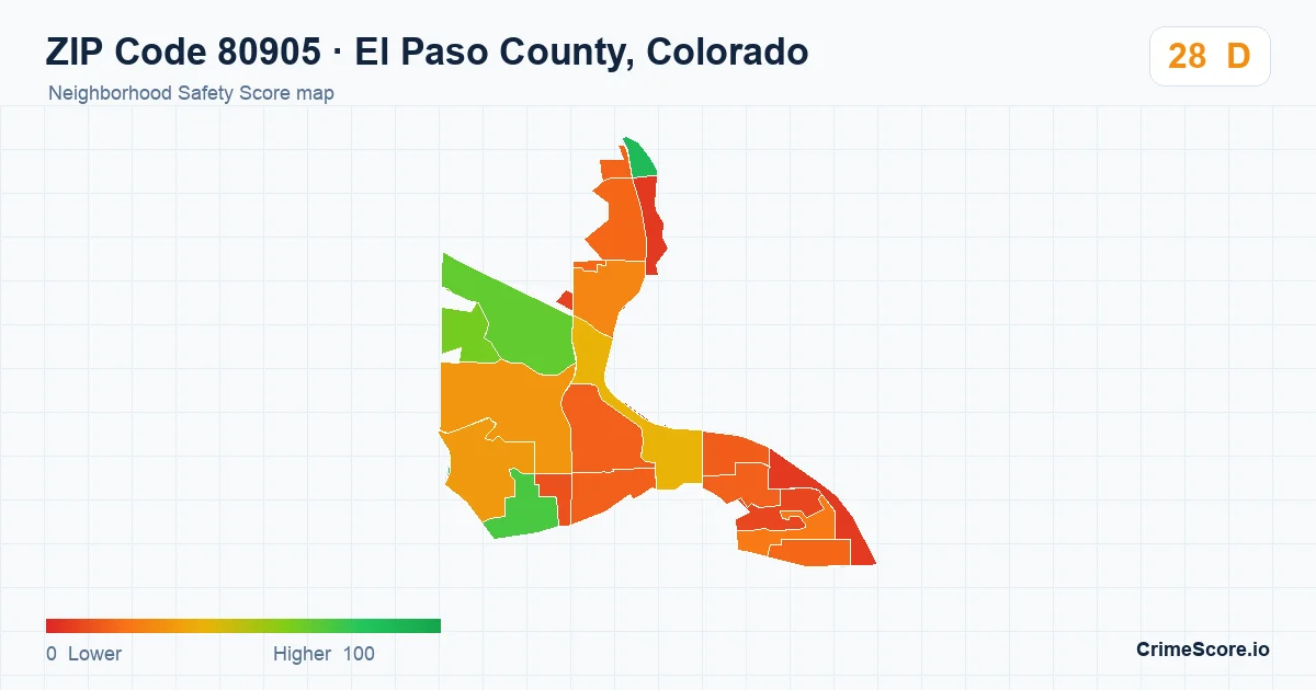 ZIP Code 80905 in El Paso County, Colorado neighborhood Safety Score map