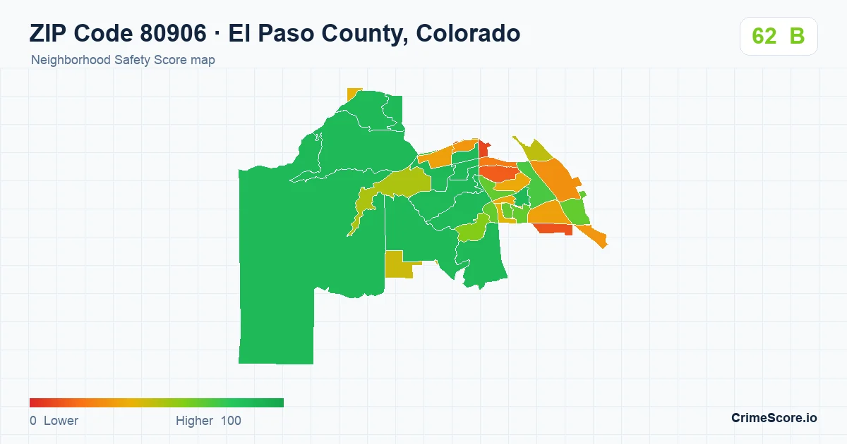 ZIP Code 80906 in El Paso County, Colorado neighborhood Safety Score map