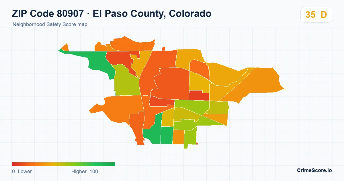 ZIP Code 80907 in El Paso County, Colorado neighborhood Safety Score map