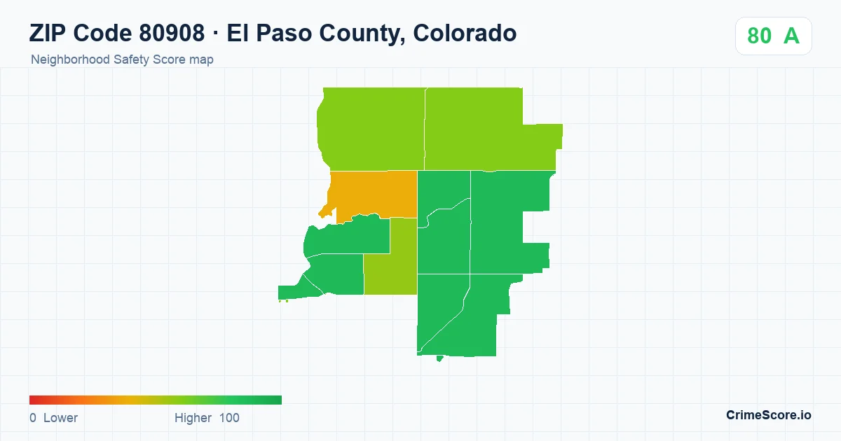 ZIP Code 80908 in El Paso County, Colorado neighborhood Safety Score map