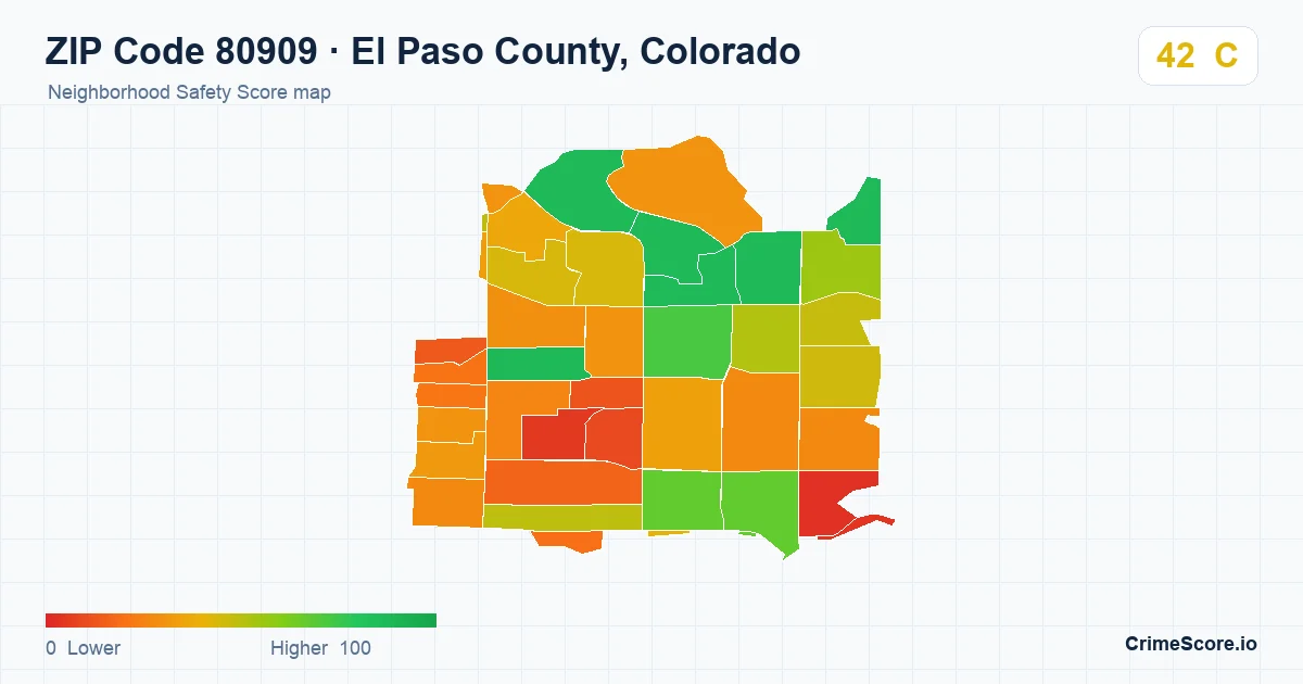 ZIP Code 80909 in El Paso County, Colorado neighborhood Safety Score map