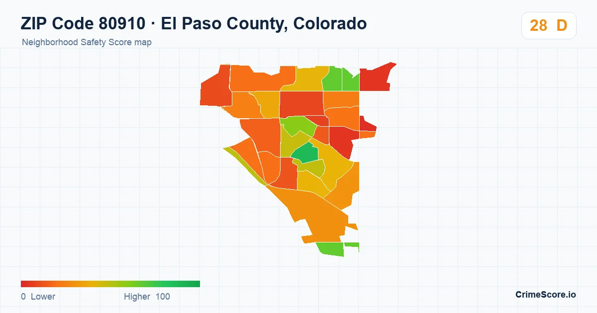 ZIP Code 80910 in El Paso County, Colorado neighborhood Safety Score map