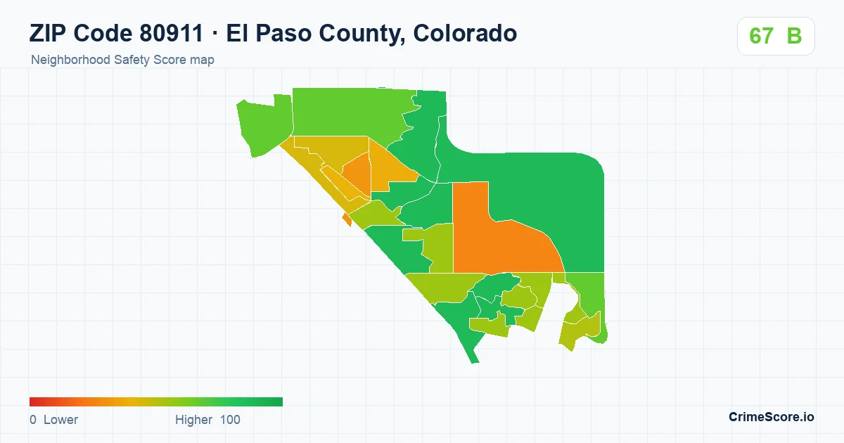 ZIP Code 80911 in El Paso County, Colorado neighborhood Safety Score map