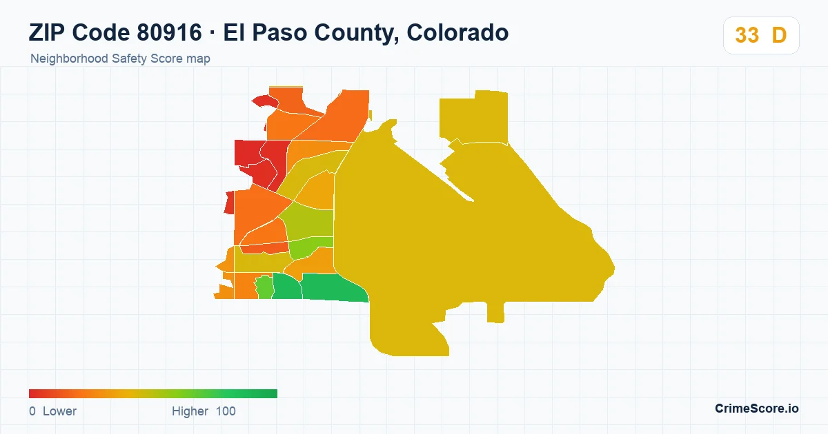 ZIP Code 80916 in El Paso County, Colorado neighborhood Safety Score map