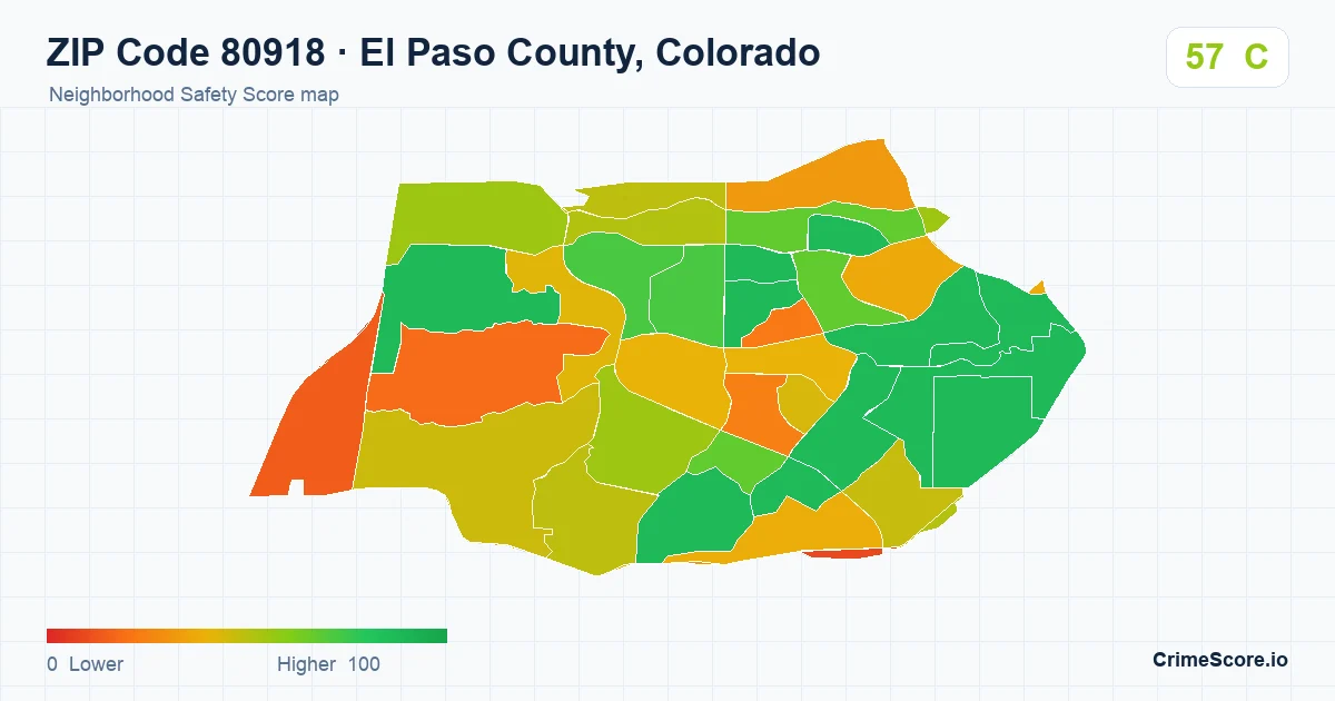 ZIP Code 80918 in El Paso County, Colorado neighborhood Safety Score map