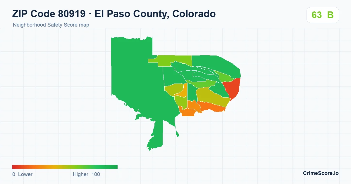 ZIP Code 80919 in El Paso County, Colorado neighborhood Safety Score map