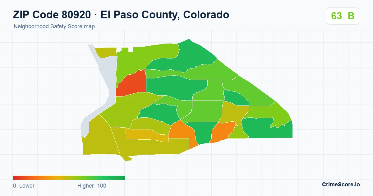 ZIP Code 80920 in El Paso County, Colorado neighborhood Safety Score map