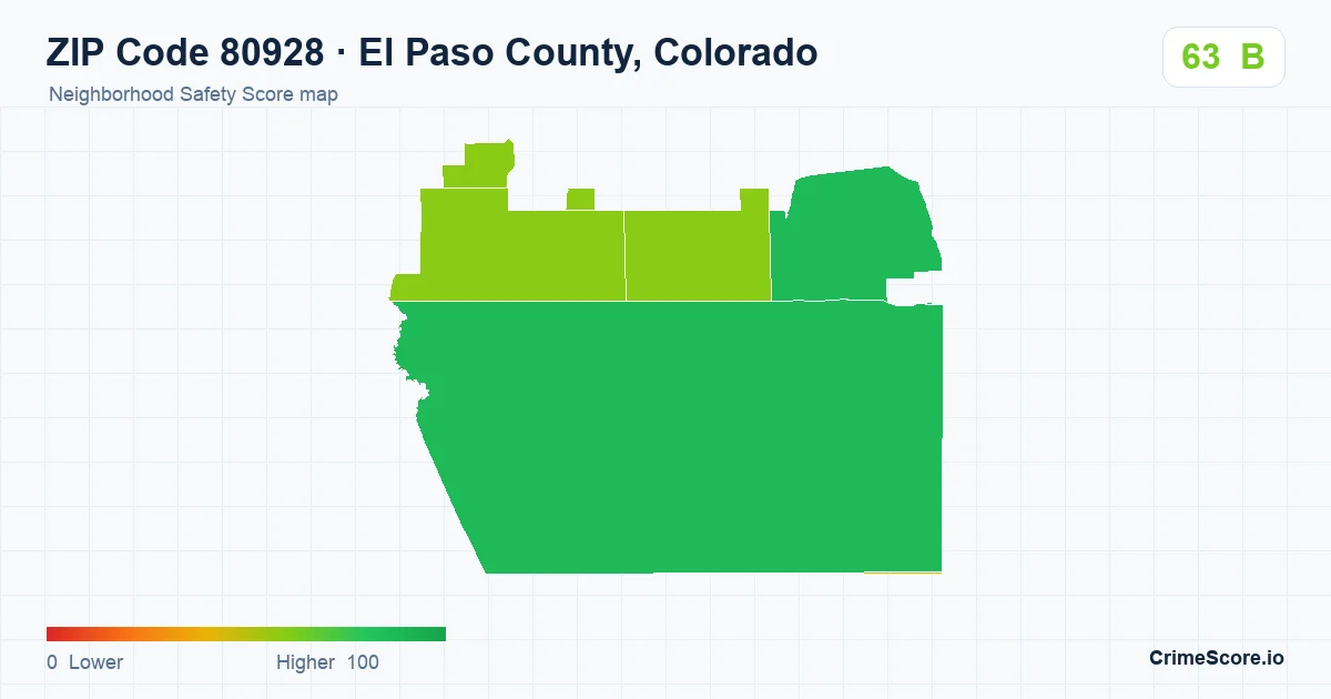 ZIP Code 80928 in El Paso County, Colorado neighborhood Safety Score map