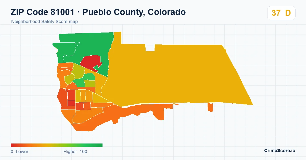 ZIP Code 81001 in Pueblo County, Colorado neighborhood Safety Score map