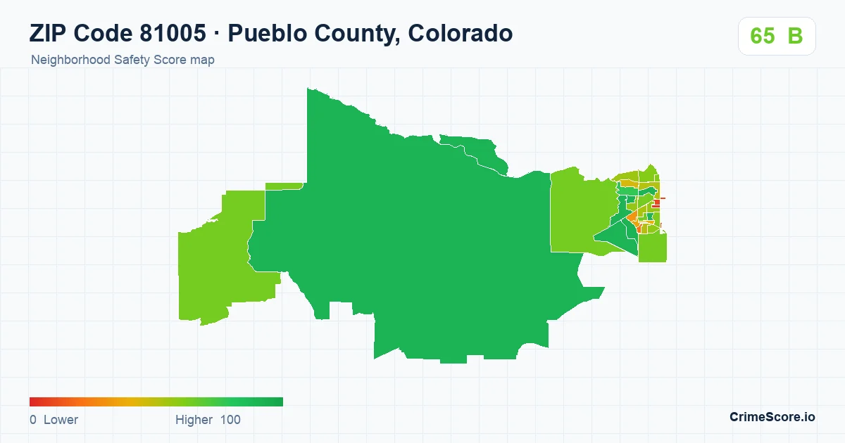 ZIP Code 81005 in Pueblo County, Colorado neighborhood Safety Score map