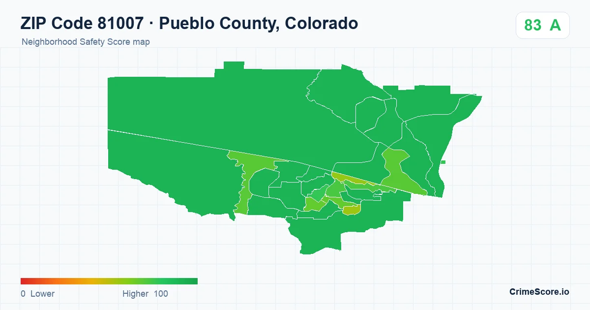 ZIP Code 81007 in Pueblo County, Colorado neighborhood Safety Score map