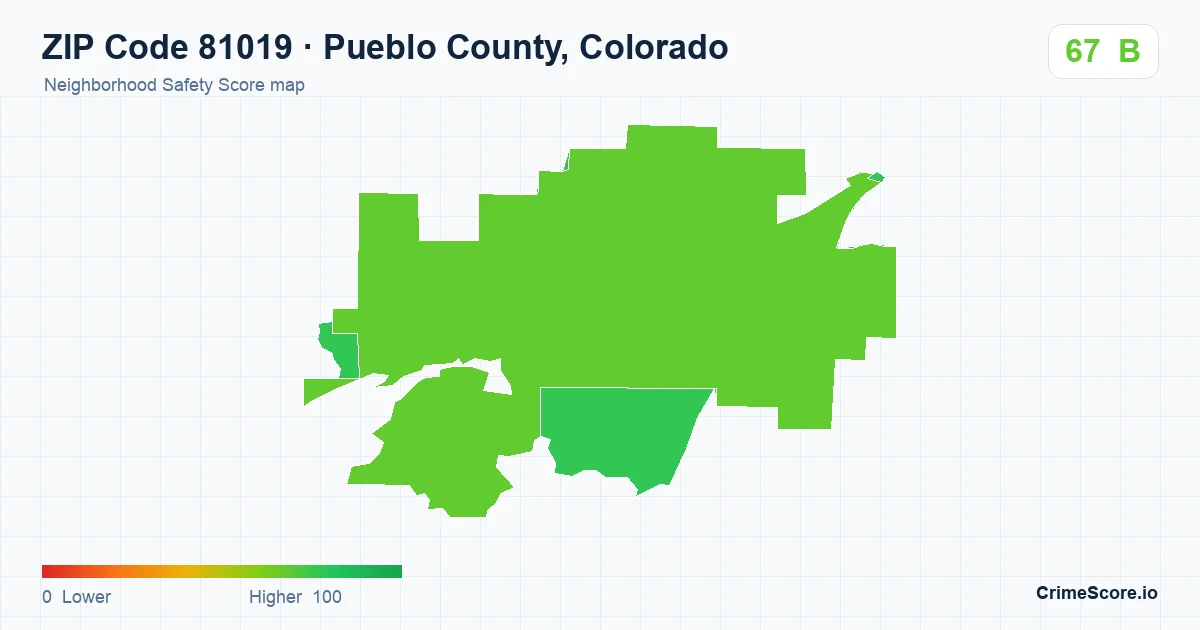 ZIP Code 81019 in Pueblo County, Colorado neighborhood Safety Score map