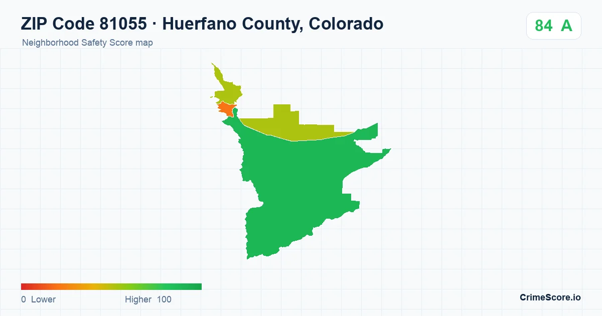 ZIP Code 81055 in Huerfano County, Colorado neighborhood Safety Score map