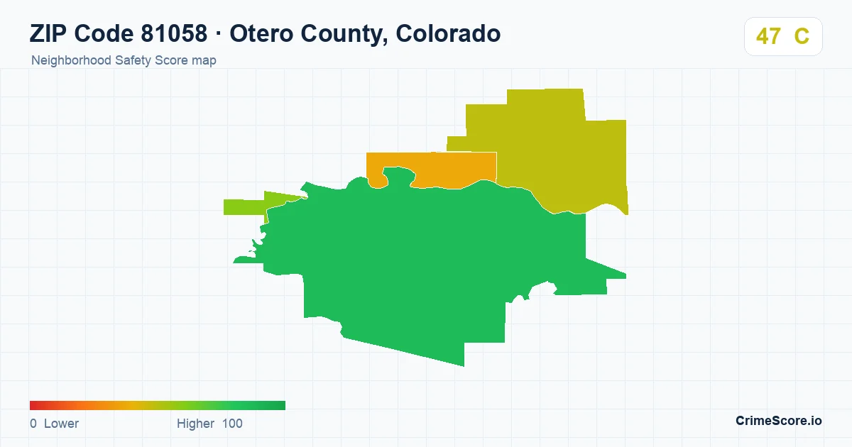 ZIP Code 81058 in Otero County, Colorado neighborhood Safety Score map