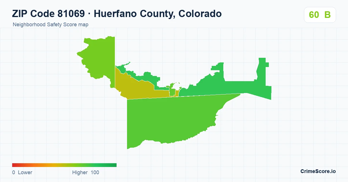 ZIP Code 81069 in Huerfano County, Colorado neighborhood Safety Score map