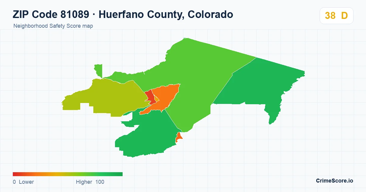 ZIP Code 81089 in Huerfano County, Colorado neighborhood Safety Score map