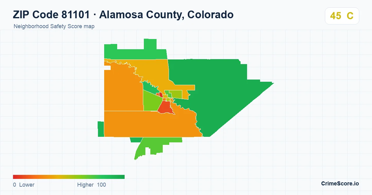 ZIP Code 81101 in Alamosa County, Colorado neighborhood Safety Score map