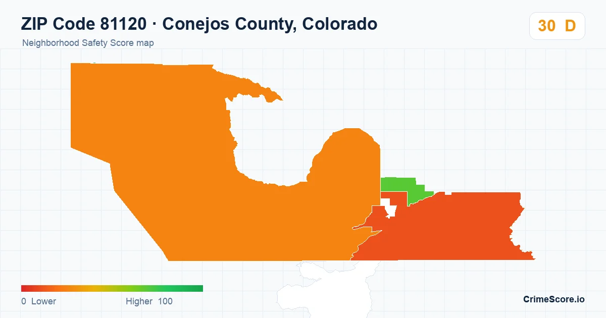 ZIP Code 81120 in Conejos County, Colorado neighborhood Safety Score map